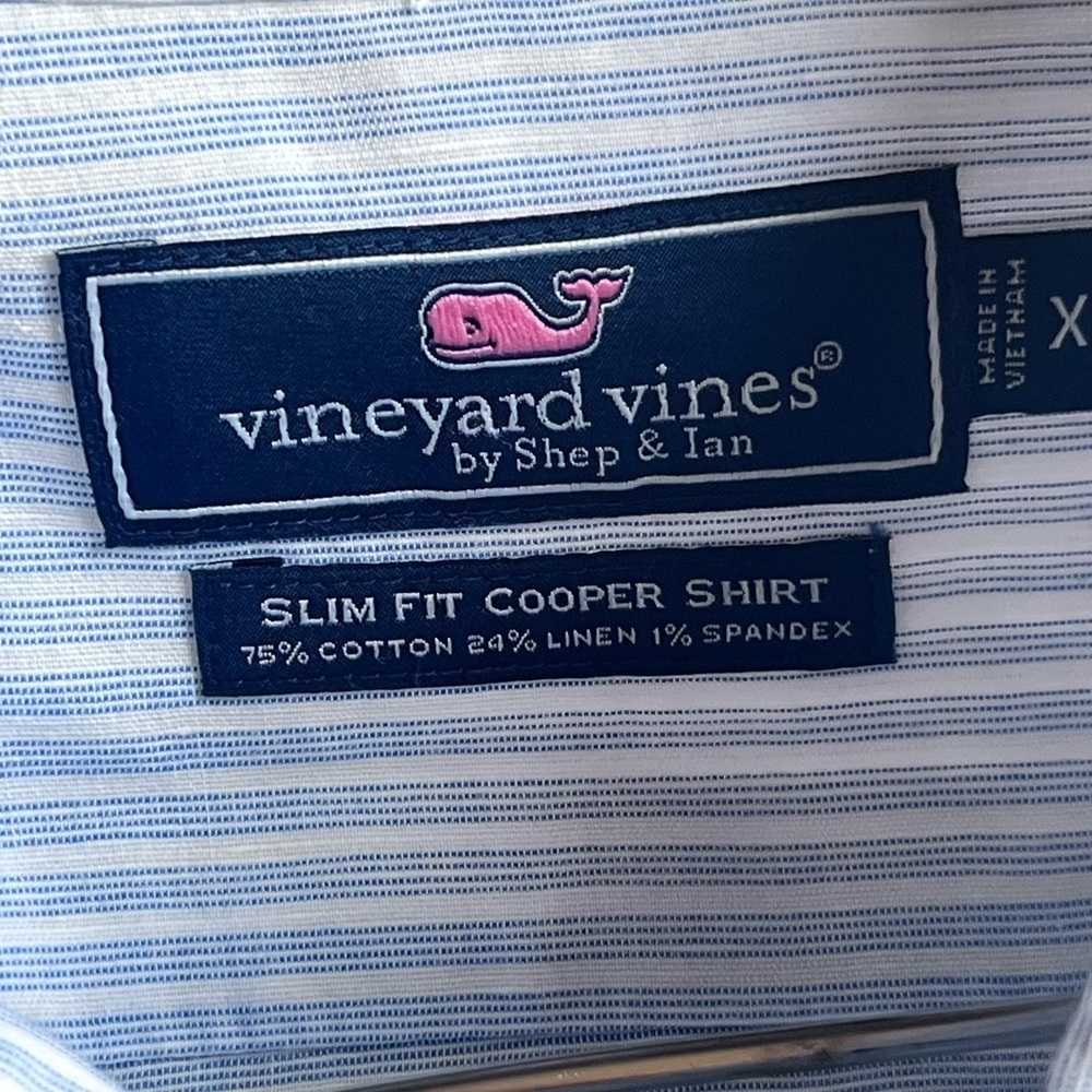 Vineyard Vines Men Slim Fit Cooper Shirt XL Blue Pinstripe Cotton Linen Career - Picture 4 of 6